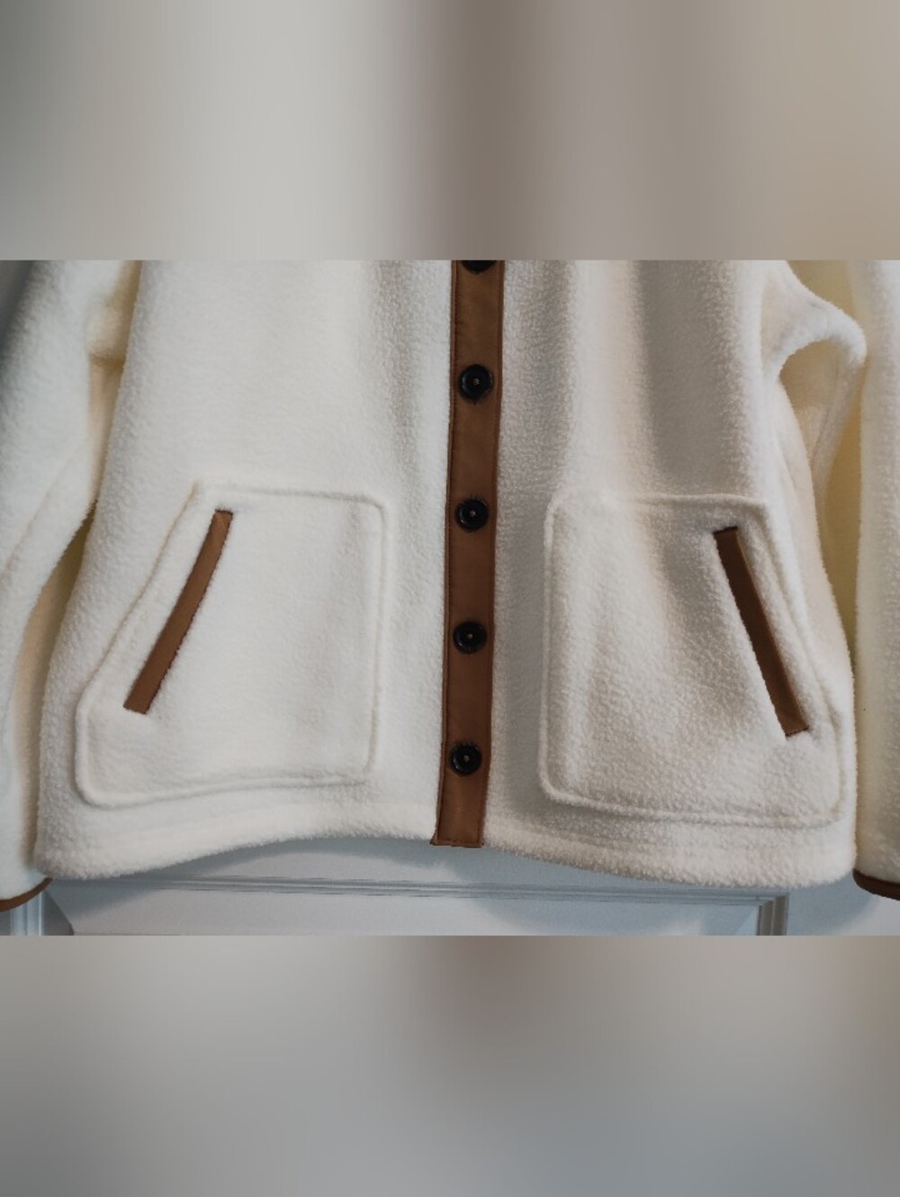 Croft & Barrow Cream Sherpa Faux Fur Button-Front Jacket with Brown Trim - Picture 5 of 10